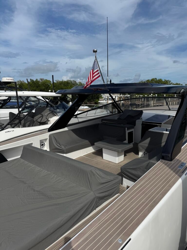 Yacht cockpit and teak side deck at a Miami marina, detailed by 305 Detailing Miami