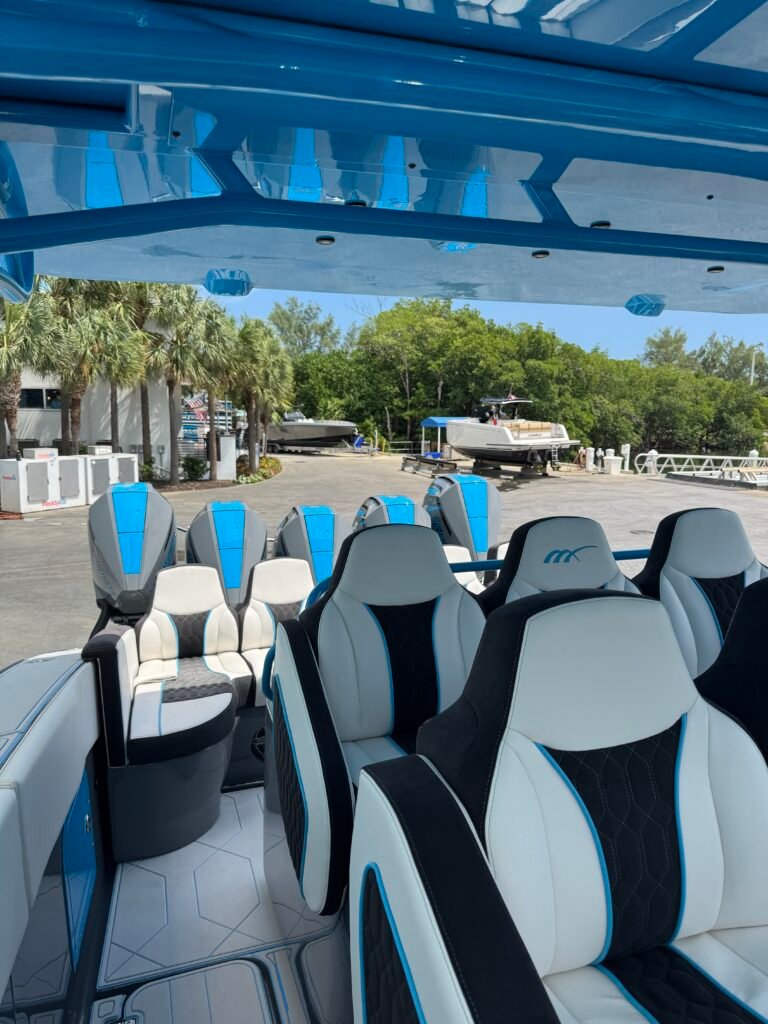 Center console helm seats after a washdown at Haulover Marine Center