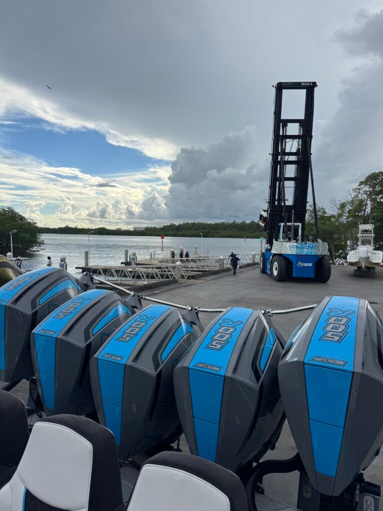 Center consoles with blue outboards at the Haulover Marine Center dry storage, North Miami Beach