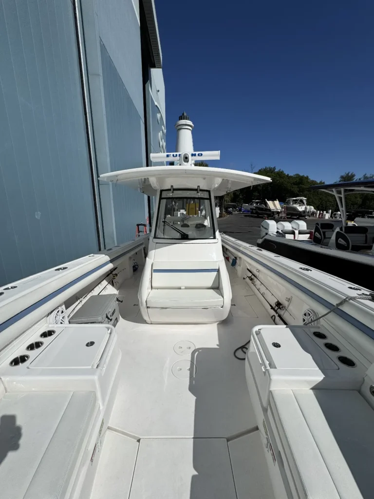 Clean white center console in front of a dry stack storage building in Miami